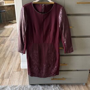 Women's Burgundy Midi Dress with Leather-Effect Sleeves